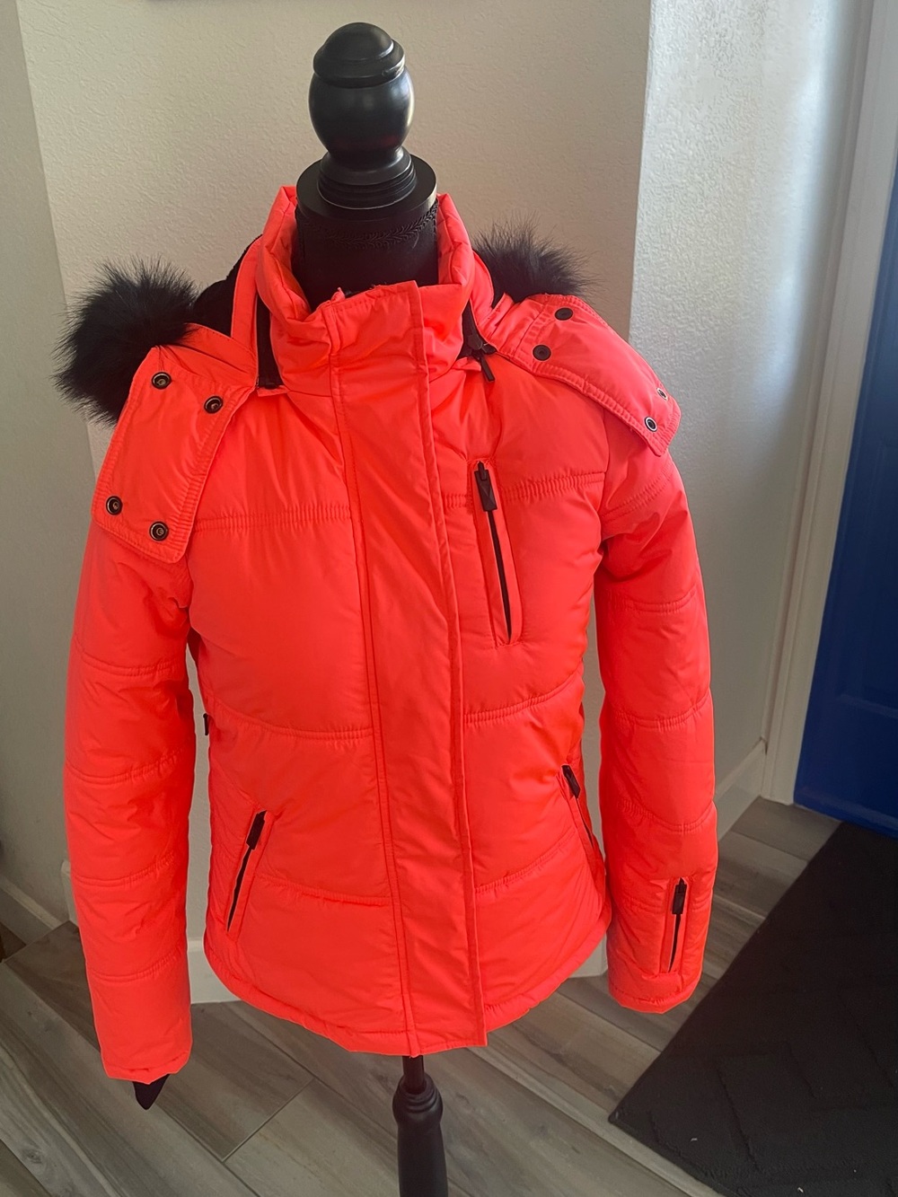 Women’s Neon Orange Puffer Jacket with Faux Fur Trim